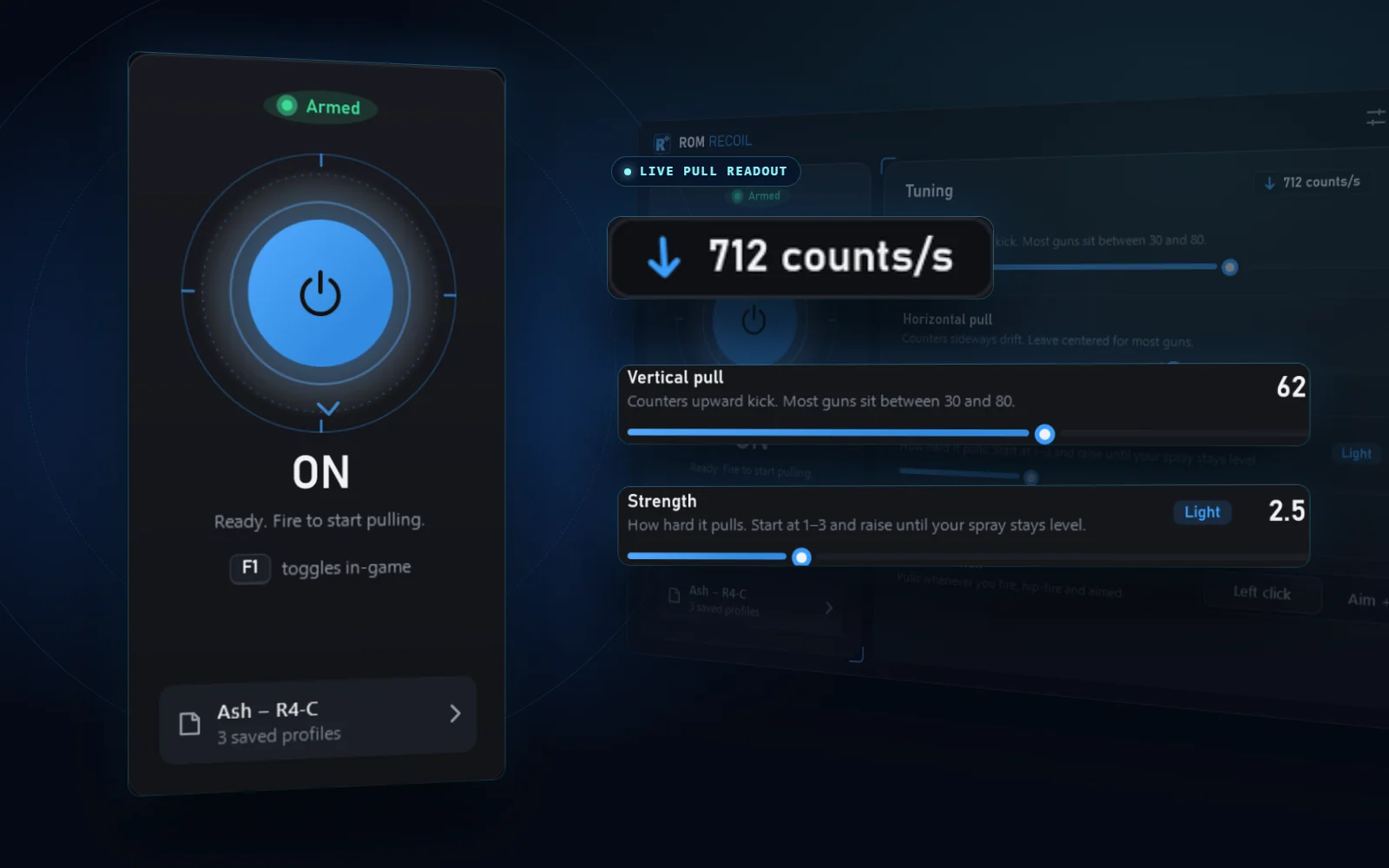 ROM Recoil armed, its live pull readout showing 712 counts per second, with the vertical pull and strength sliders