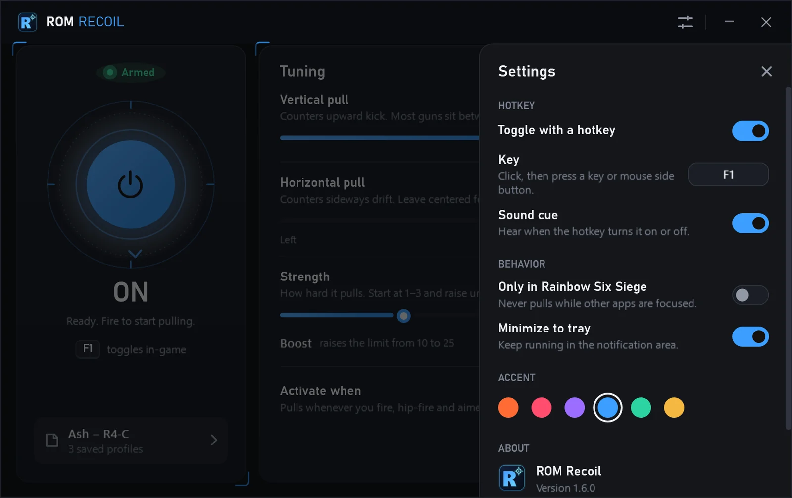 The Settings panel with the F1 hotkey, sound cue, Only in Rainbow Six Siege, minimize to tray and six accent colors